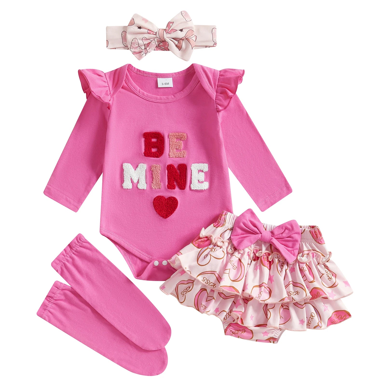 Baby Girl Valentine's Day Outfits Letter Print Long Sleeve Romper with Tiered Skirt and Headband Socks Set