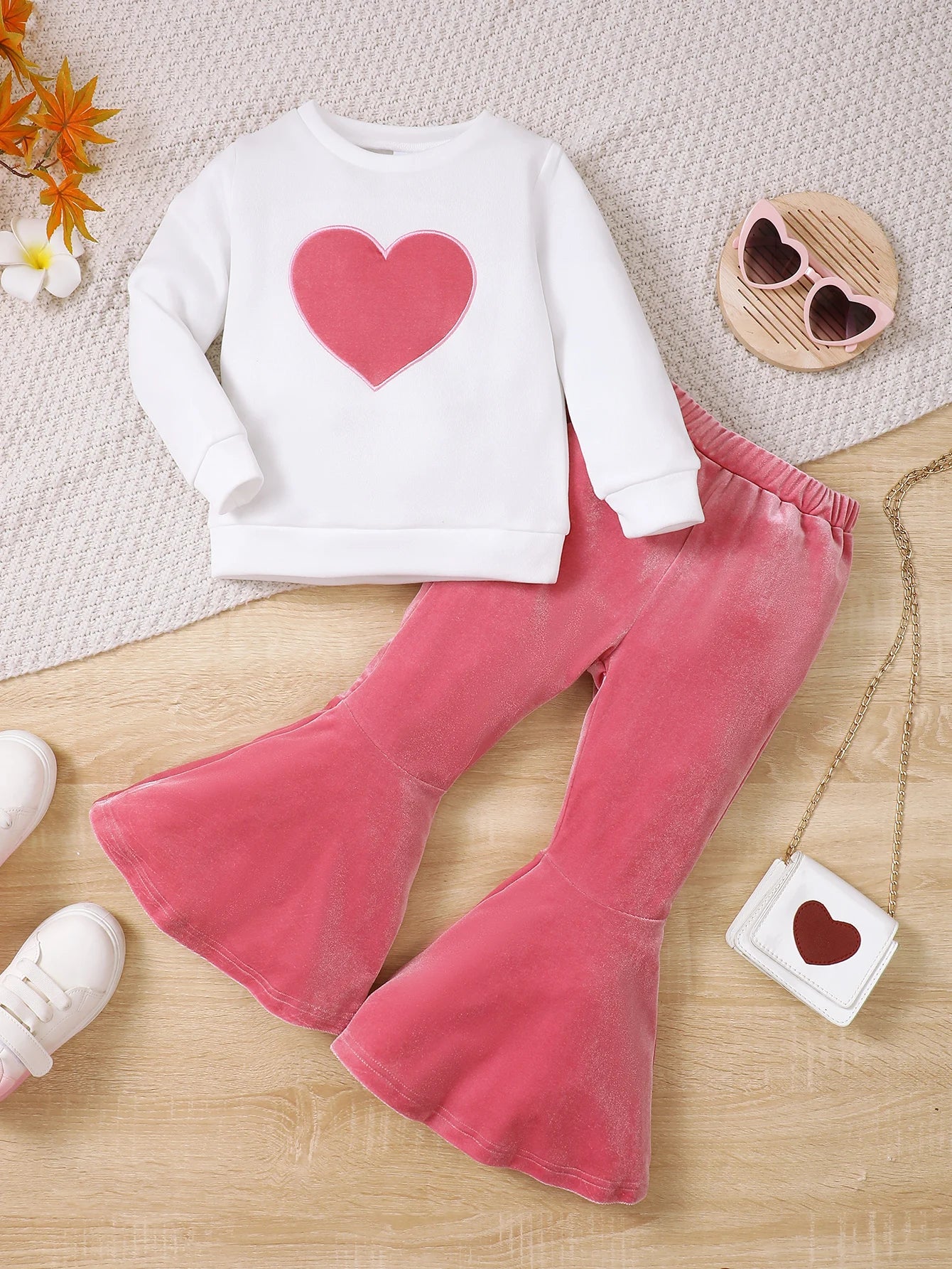 2PCS Clothing Set for Kids Girl 4-7 Years Heart-Shaped Pattern Long Sleeve Top+Velvet Flared Pants Autumn&Winter School Outfits