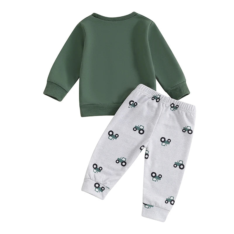 Baby Clothing Boy Tractor Print Long Sleeve Sweatshirt with Elastic Waist Sweatpants Infant Newborn Pat Clothes Set