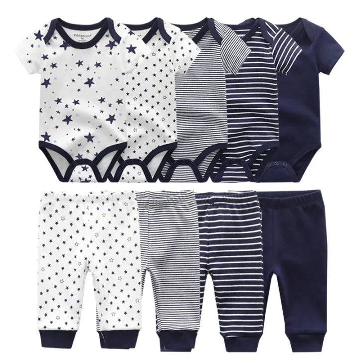 kiddiezoom 9 Pcs Unisex Newborn Clothing Sets100%Cotton Baby Bodysuit+Pant Baby Boy Girl Clothes Gift