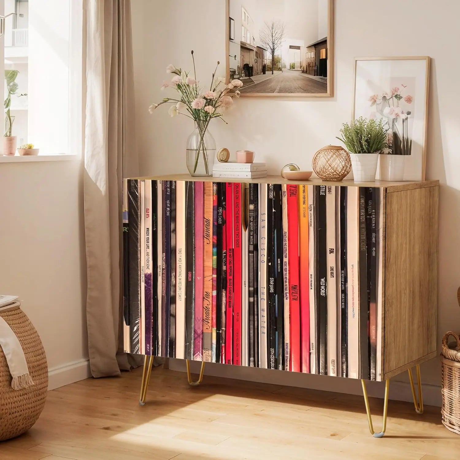 Sideboard Buffet Cabinet, Kitchen Storage Cabinet with 2 Doors, Black, Brown & Gold Geometric Polygons Abstract Shapes