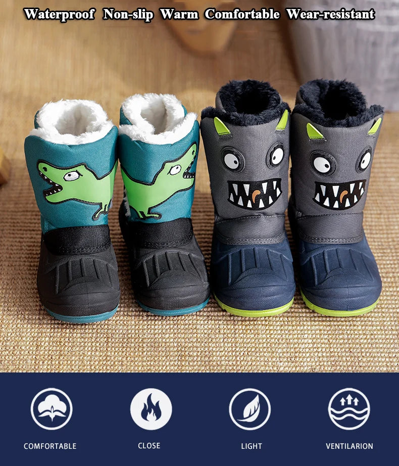 Winter Children Snow Boots Boys Girls Warm Waterproof Ski Boots Baby Cute Cartoon Dinosaur Print High Boots