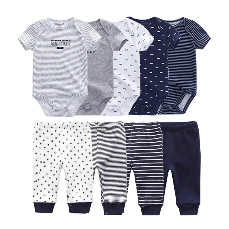 kiddiezoom 9 Pcs Unisex Newborn Clothing Sets100%Cotton Baby Bodysuit+Pant Baby Boy Girl Clothes Gift