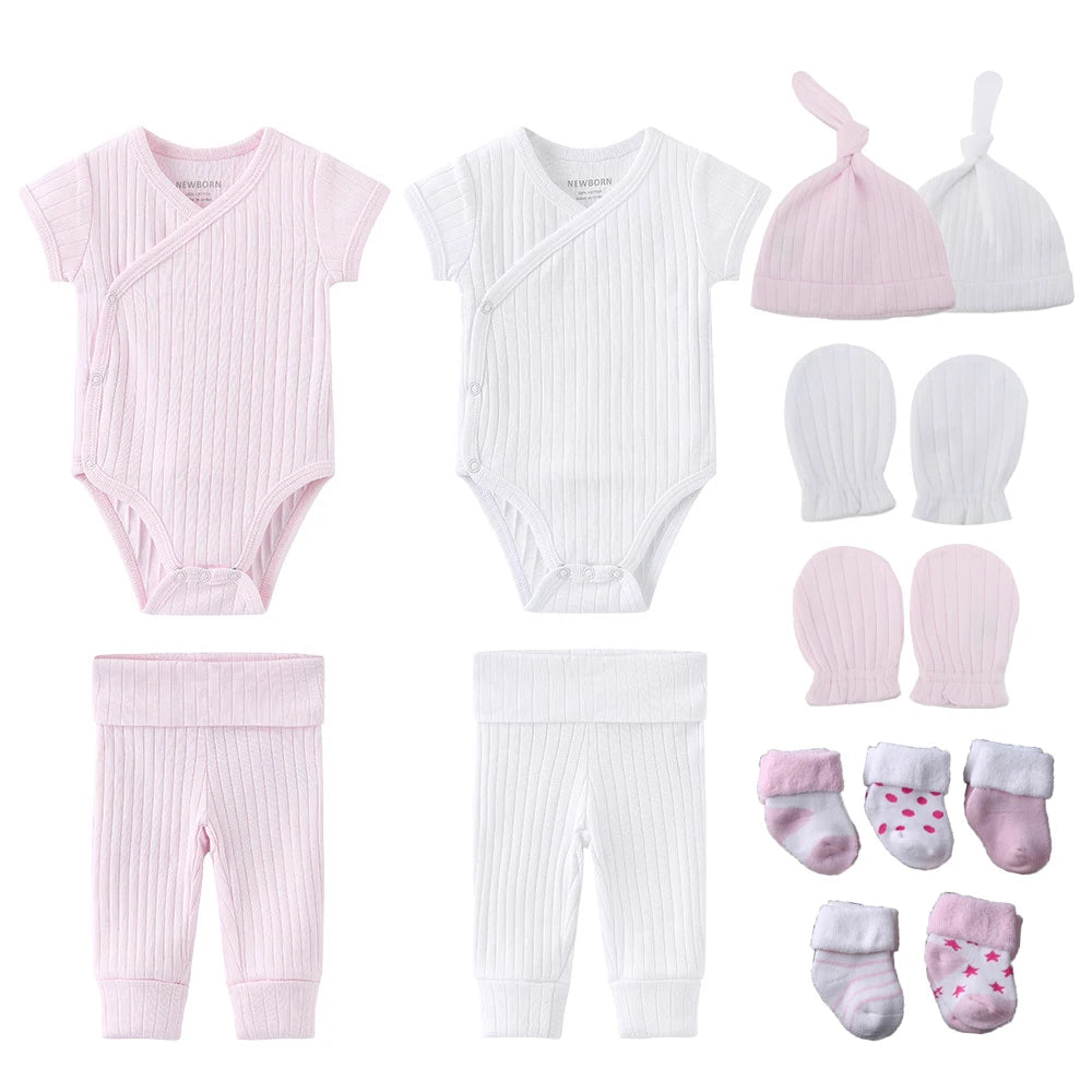 Solid Color New Born Cotton Bodysuits+Pants+Gloves+Hats+Socks Baby Girl Clothes Unisex Short Sleeve Baby Boy Clothes Sets