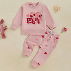 Baby Girls 2-piece Outfit, Long Sleeve Embroidery Letters Hoodie with Heart Print Sweatpants Valentines Day Clothes