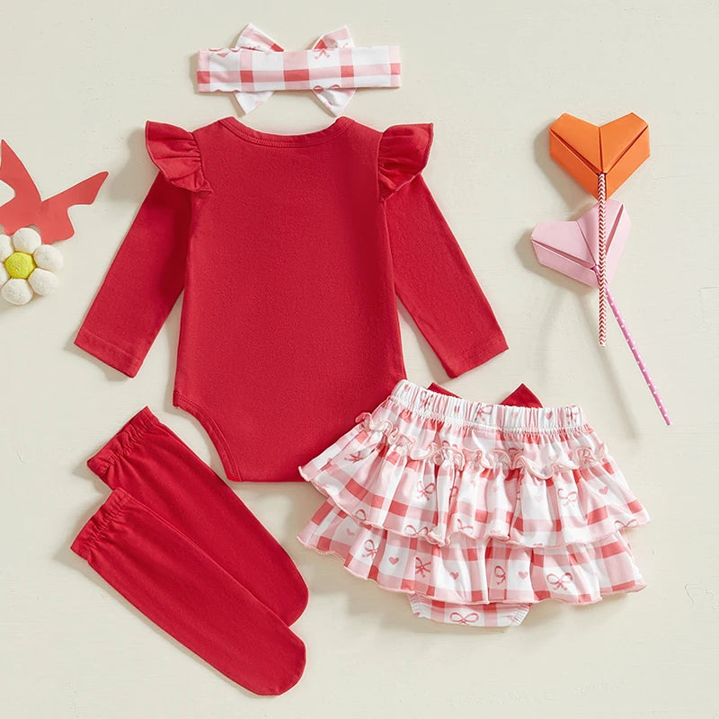 Baby Girl Valentine's Day Outfits Letter Print Long Sleeve Romper with Tiered Skirt and Headband Socks Set