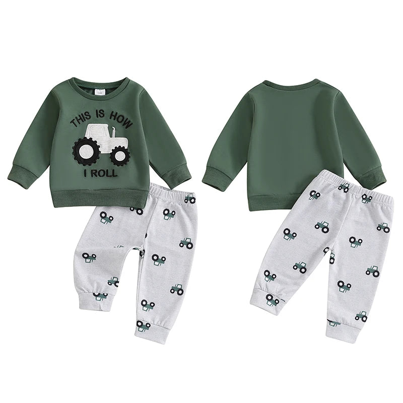 Baby Clothing Boy Tractor Print Long Sleeve Sweatshirt with Elastic Waist Sweatpants Infant Newborn Pat Clothes Set