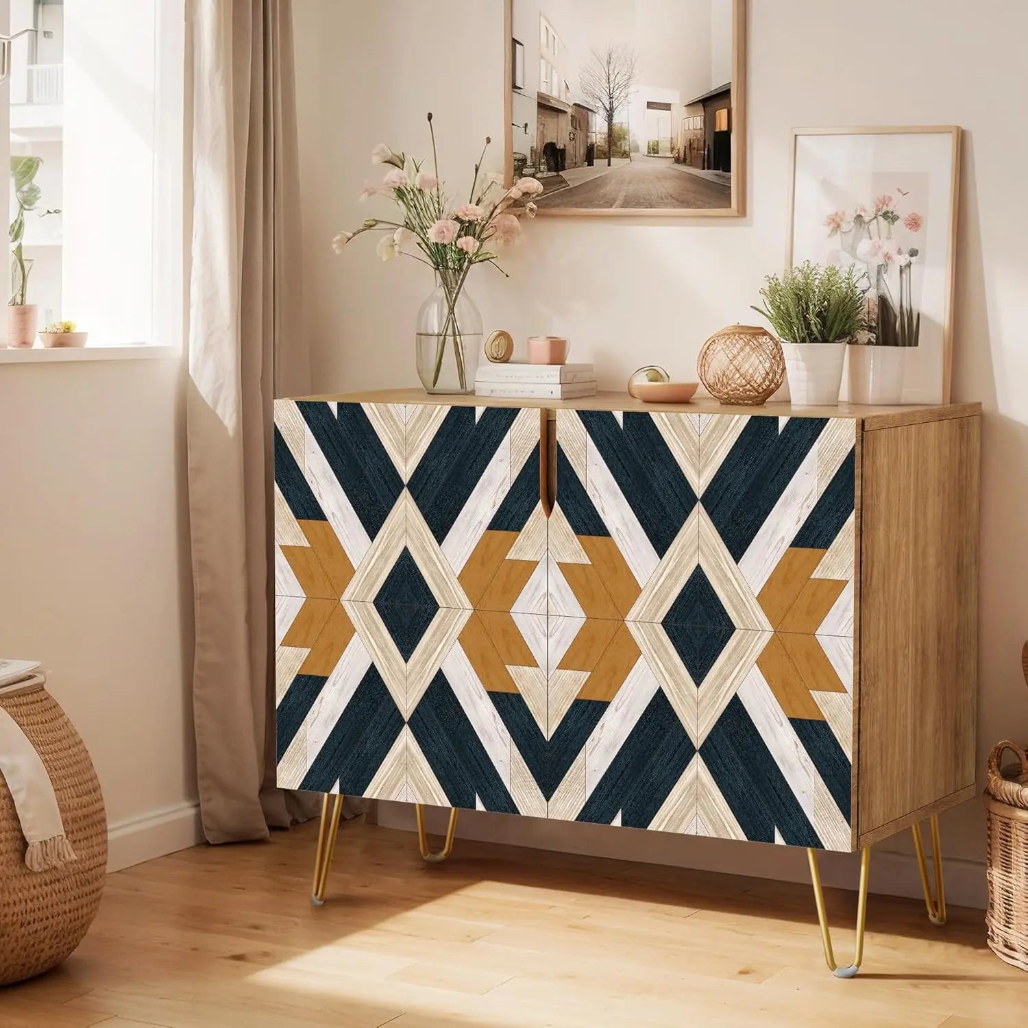 Sideboard Buffet Cabinet, Kitchen Storage Cabinet with 2 Doors, Black, Brown & Gold Geometric Polygons Abstract Shapes