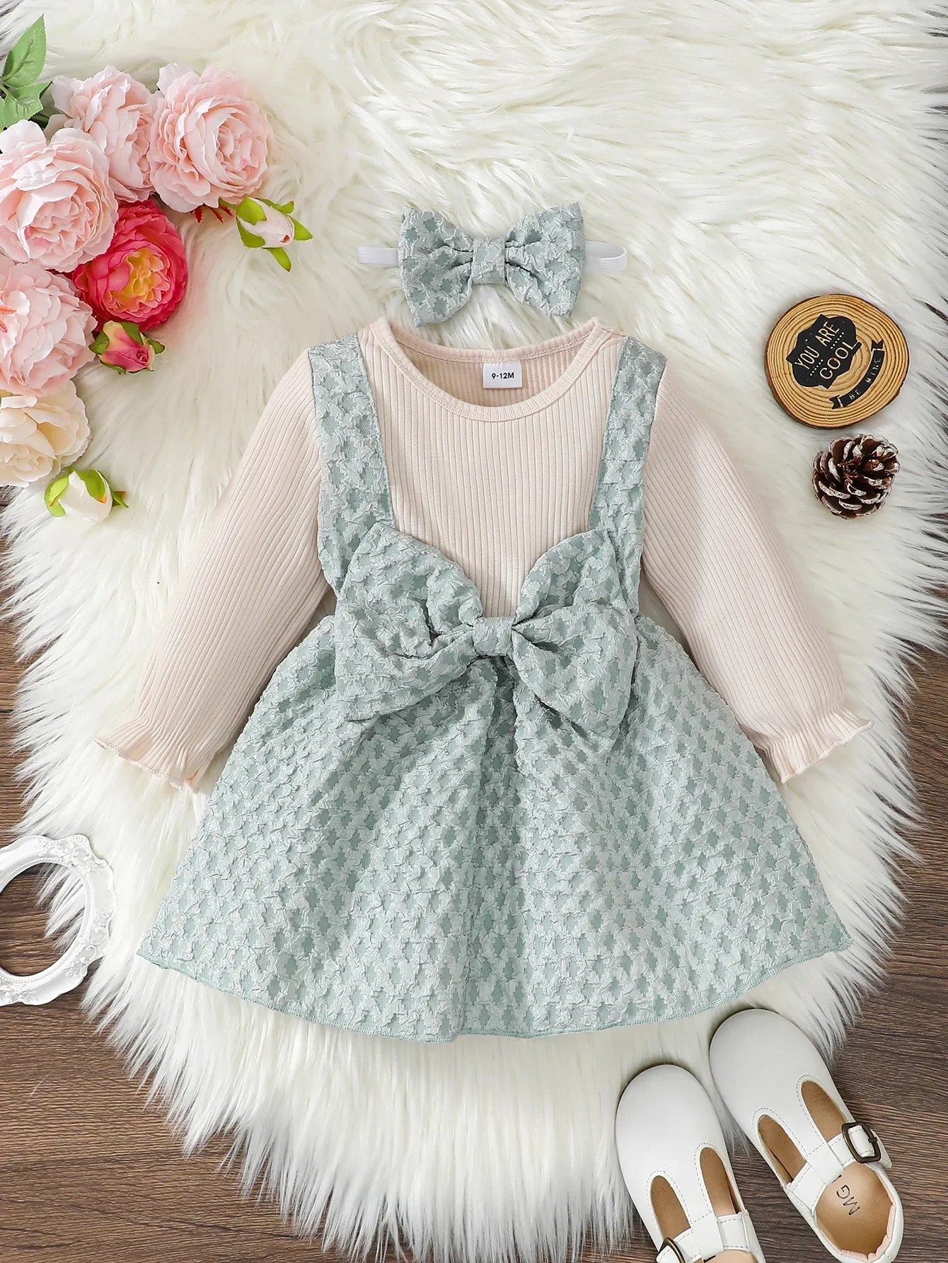 Newborn Baby Girl Dress Long Sleeves Patchwork with Bow One Year Old Dress New Year&Christmas Dress Up Wear for Toddler 0-3Years