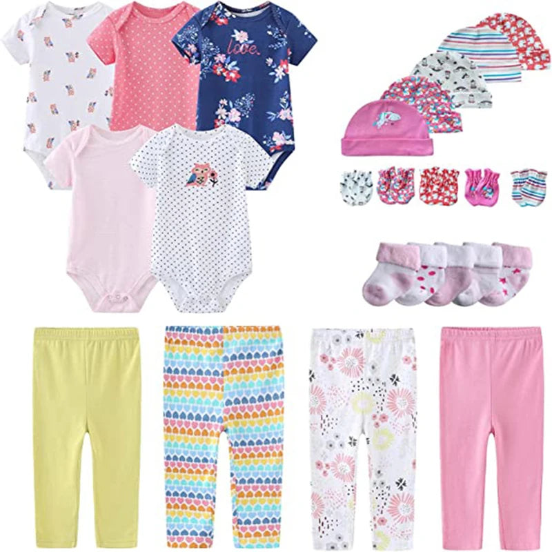 Solid Color New Born Cotton Bodysuits+Pants+Gloves+Hats+Socks Baby Girl Clothes Unisex Short Sleeve Baby Boy Clothes Sets