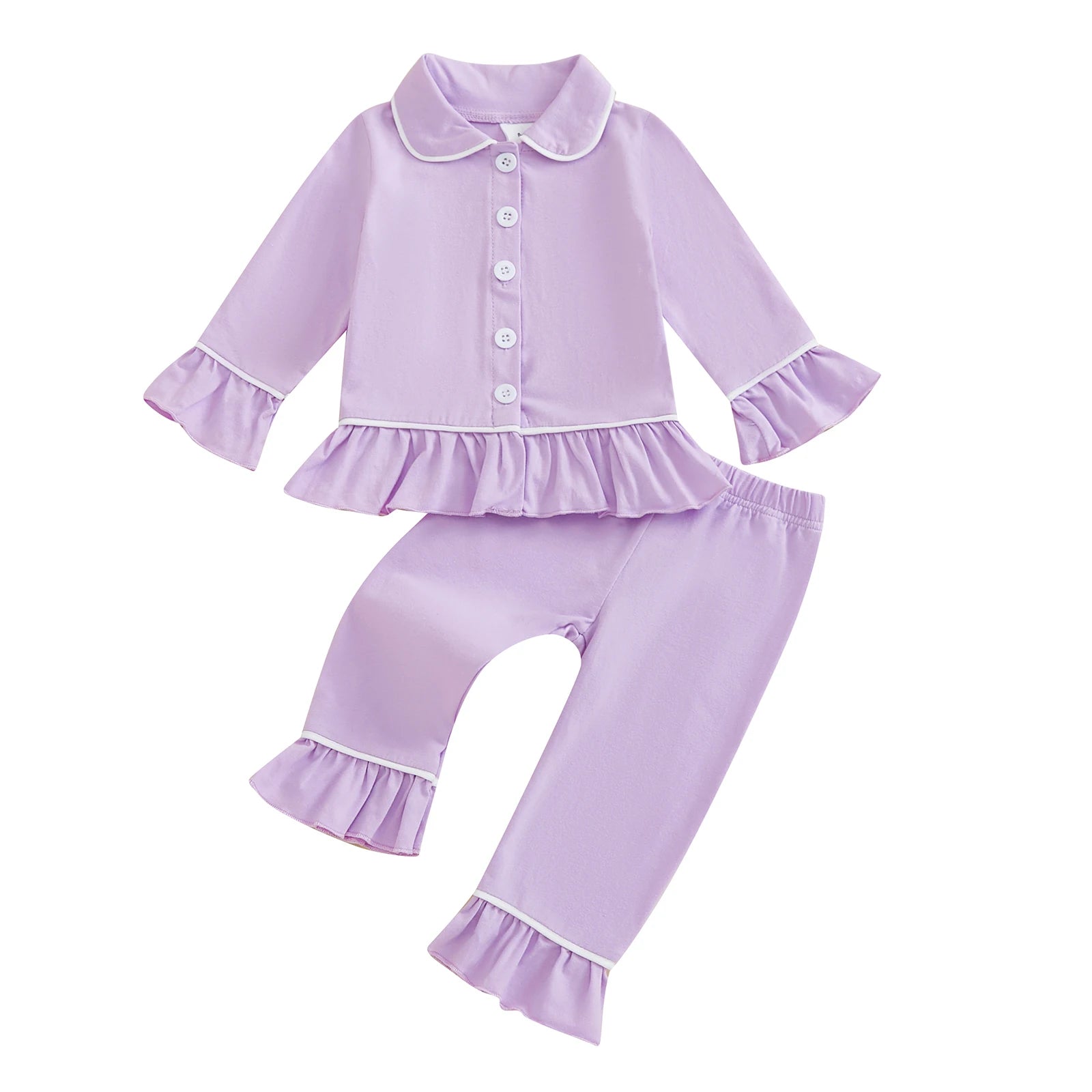 Girls 2PCS Pajama Sets Long Sleeve Lapel Ruffle Trim Button Up Shirt Pants Sleepwear