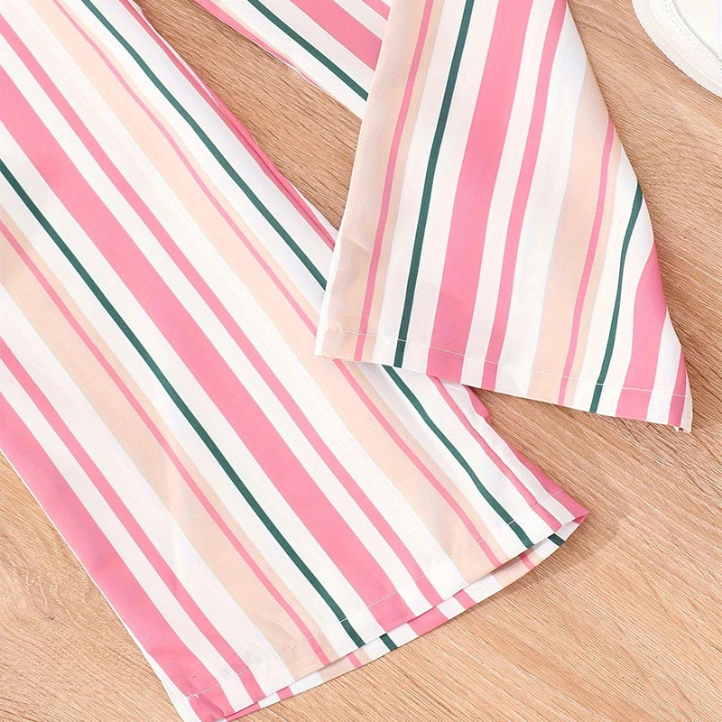 Two Piece Summer Girl Cute And Fashionable Button Up Short Sleeved Striped Pants Casual Birthday Party Set