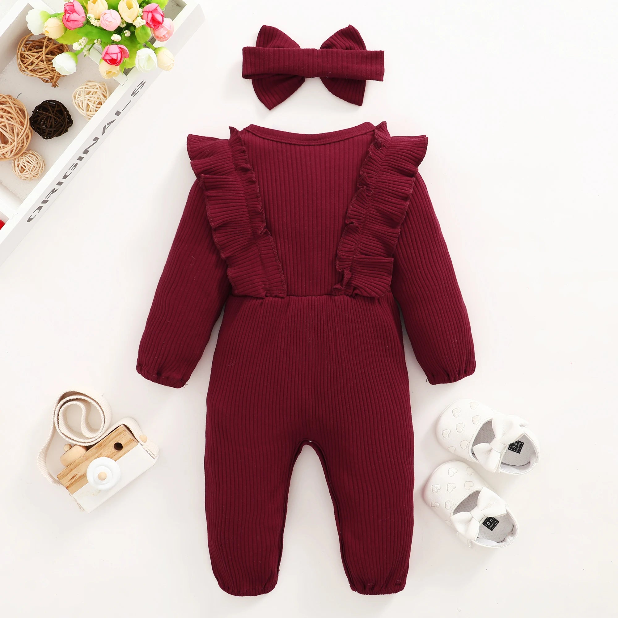 Newborn Baby Girl Romper Long Sleeved Ruffle Bodysuit with Headband Autumn & Winter Onesie Outfit Clothing for Baby 0-18 Months