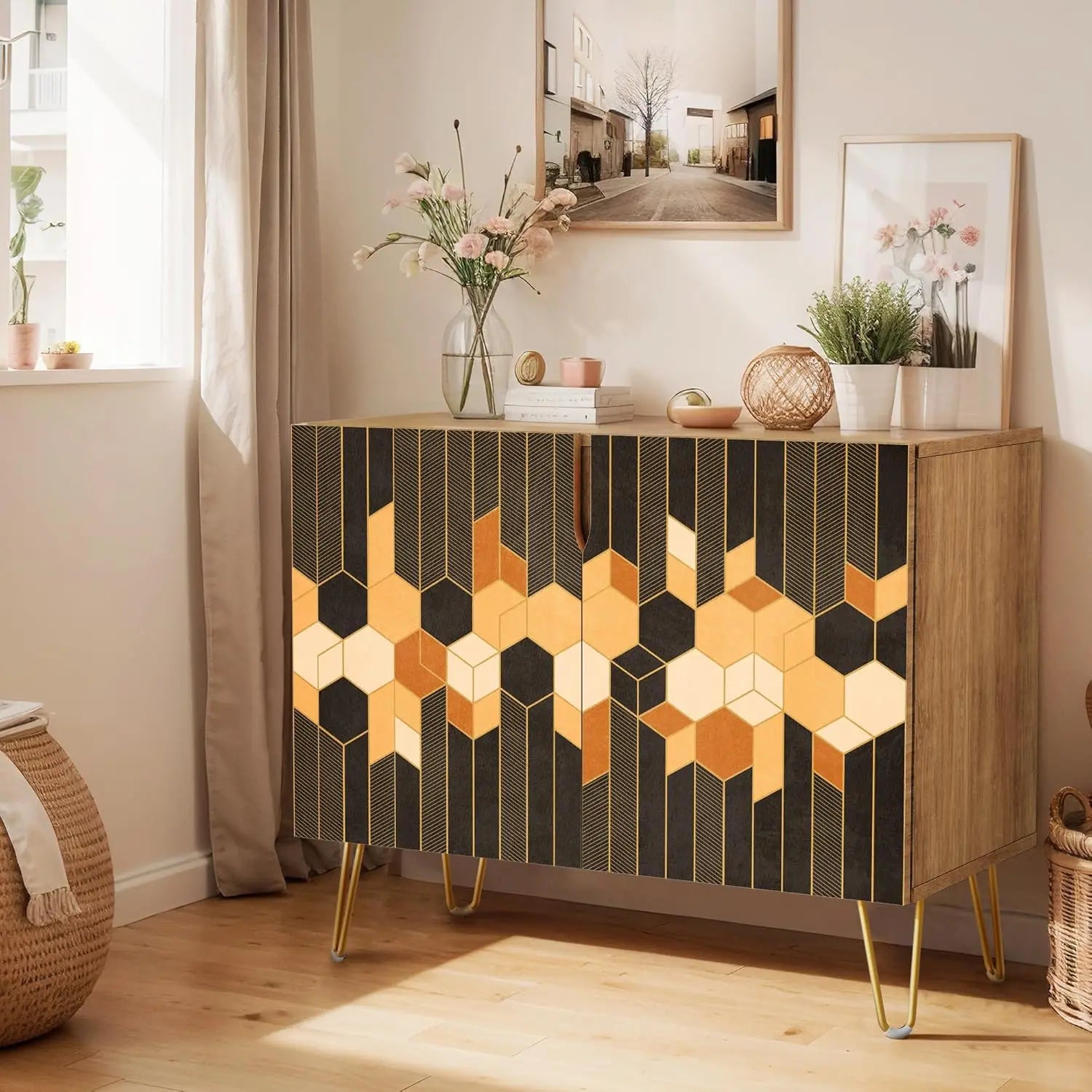 Sideboard Buffet Cabinet, Kitchen Storage Cabinet with 2 Doors, Black, Brown & Gold Geometric Polygons Abstract Shapes