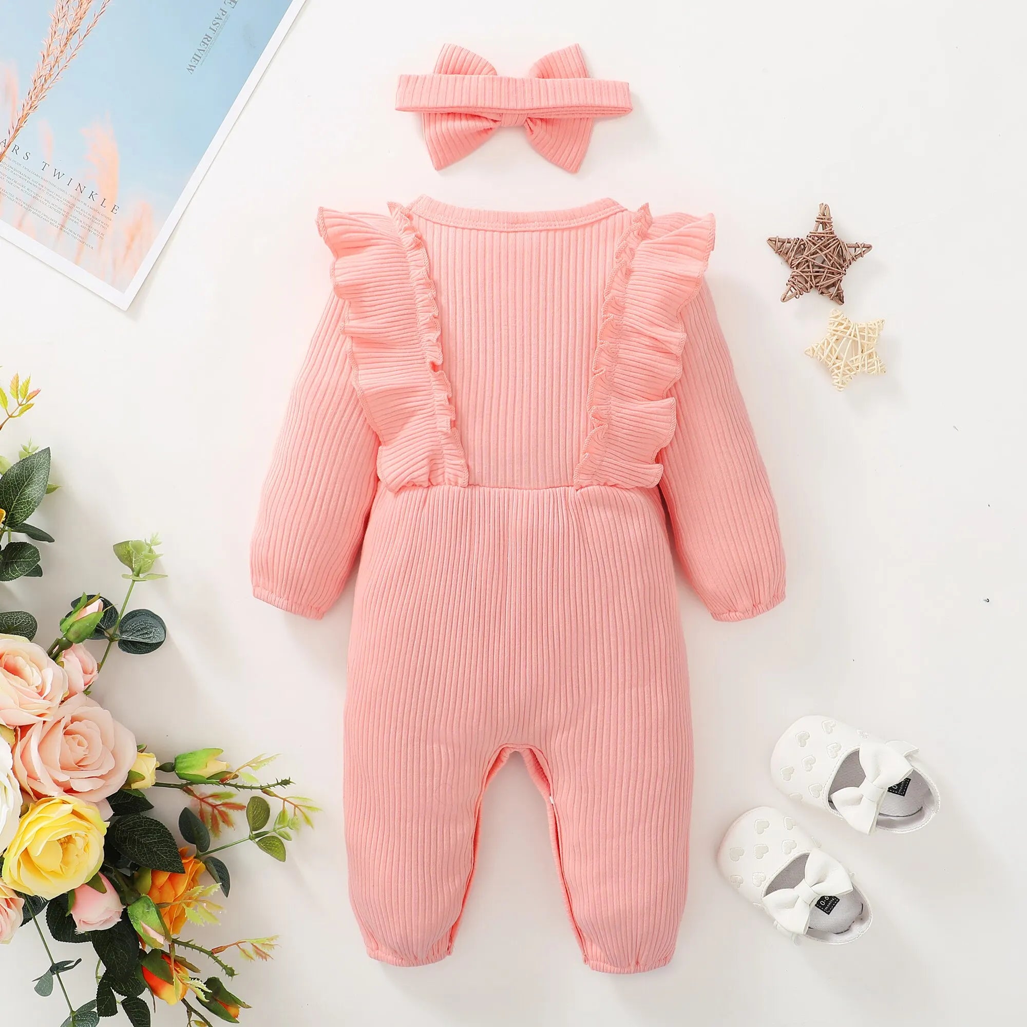 Newborn Baby Girl Romper Long Sleeved Ruffle Bodysuit with Headband Autumn & Winter Onesie Outfit Clothing for Baby 0-18 Months