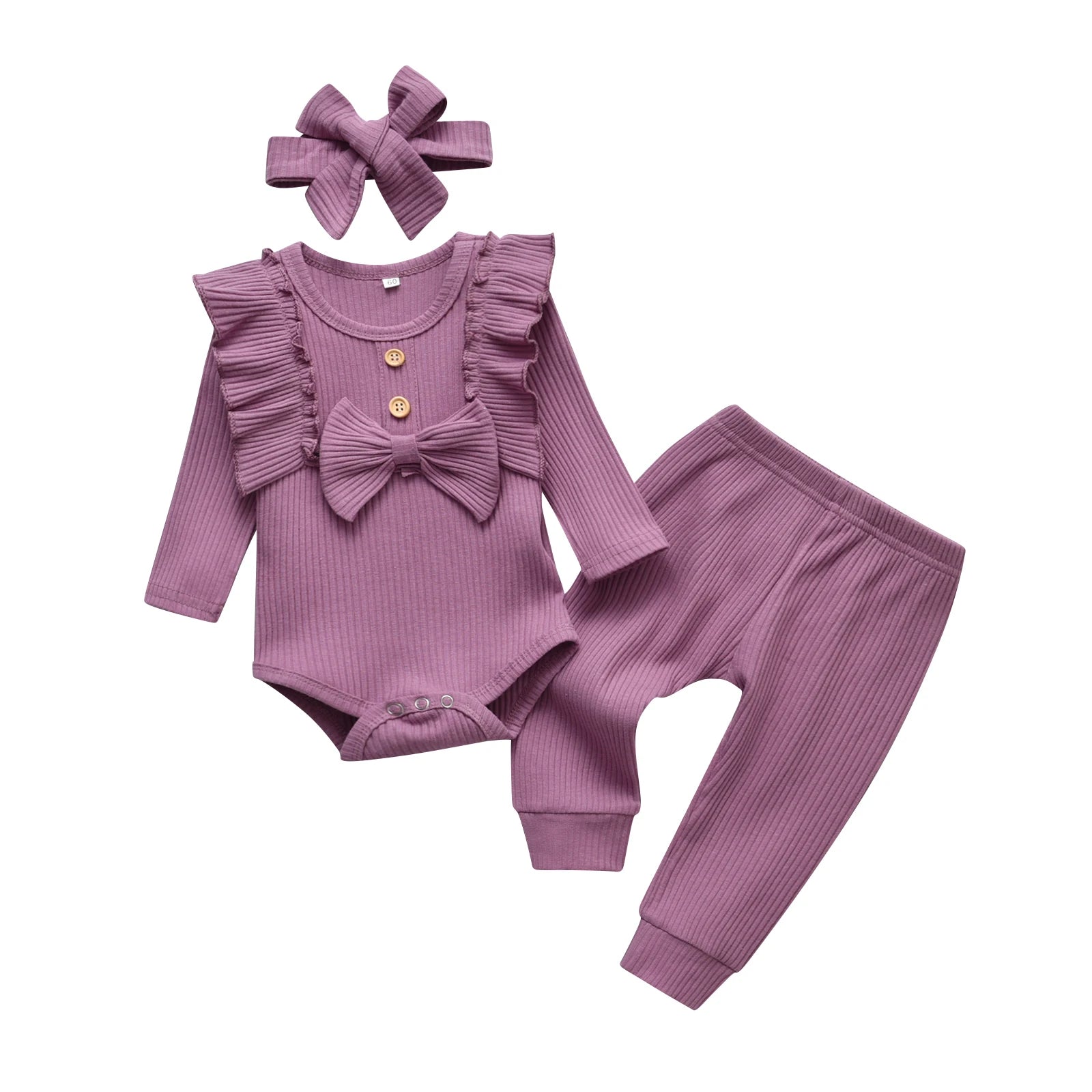 Cute Newborn Baby Girl 3PCS Clothes Set Ruffles Trim Knitted Long Sleeve Romper Bodysuit Top + infant Pants + Headband Outfit