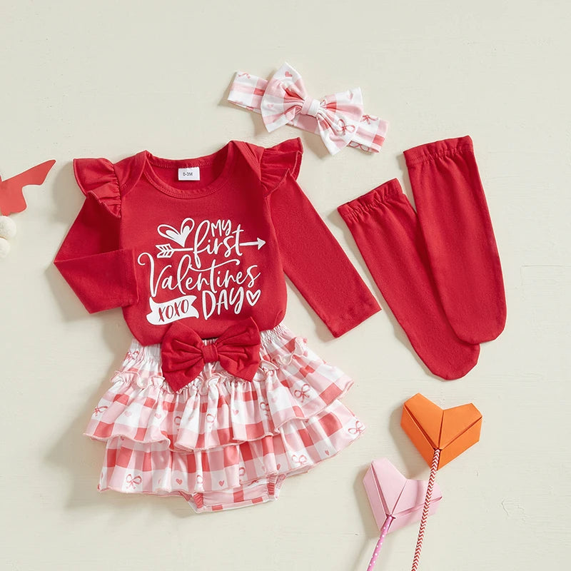 Baby Girl Valentine's Day Outfits Letter Print Long Sleeve Romper with Tiered Skirt and Headband Socks Set