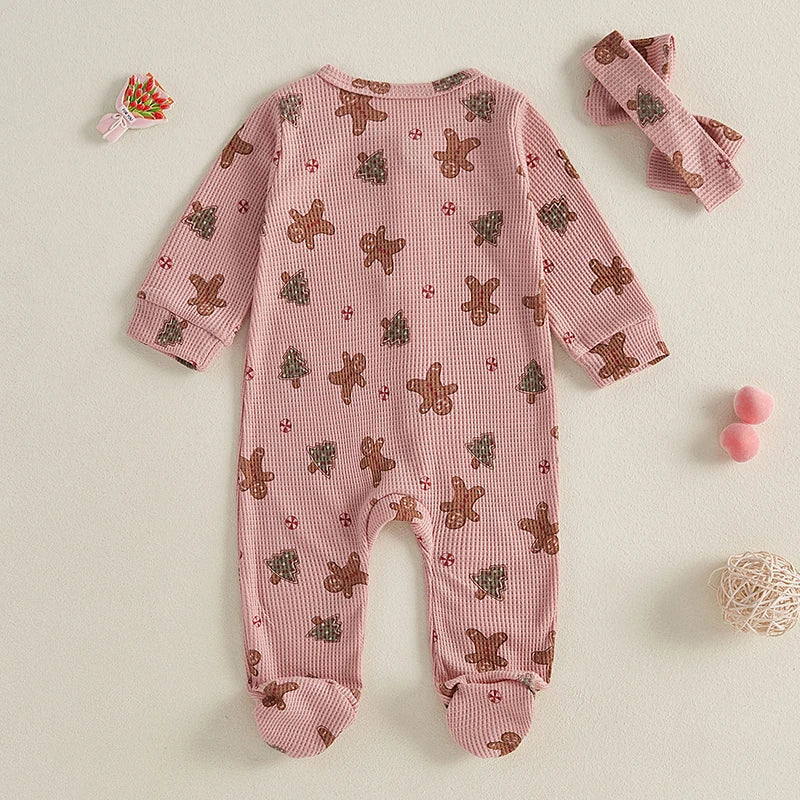 Baby Christmas Clothing Girls Casual Jumpsuit For Newborn Long Sleeve Gingerbread Print Ruffle Romper with Headband