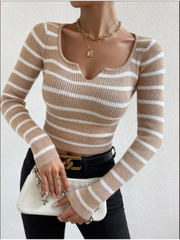 Khaki Striped Long Sleeved Semi Open Neck Slim Women's Autumn Top