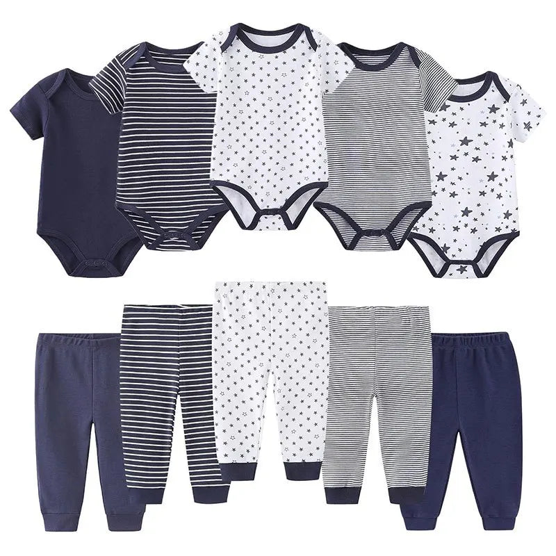 Kiddiezoom 10 Pcs/Lot Four Seasons Fashion Unisex Baby Boy Girl Clothing Set Soft Newborn Bodysuits+Pants Infant Outfit Gift