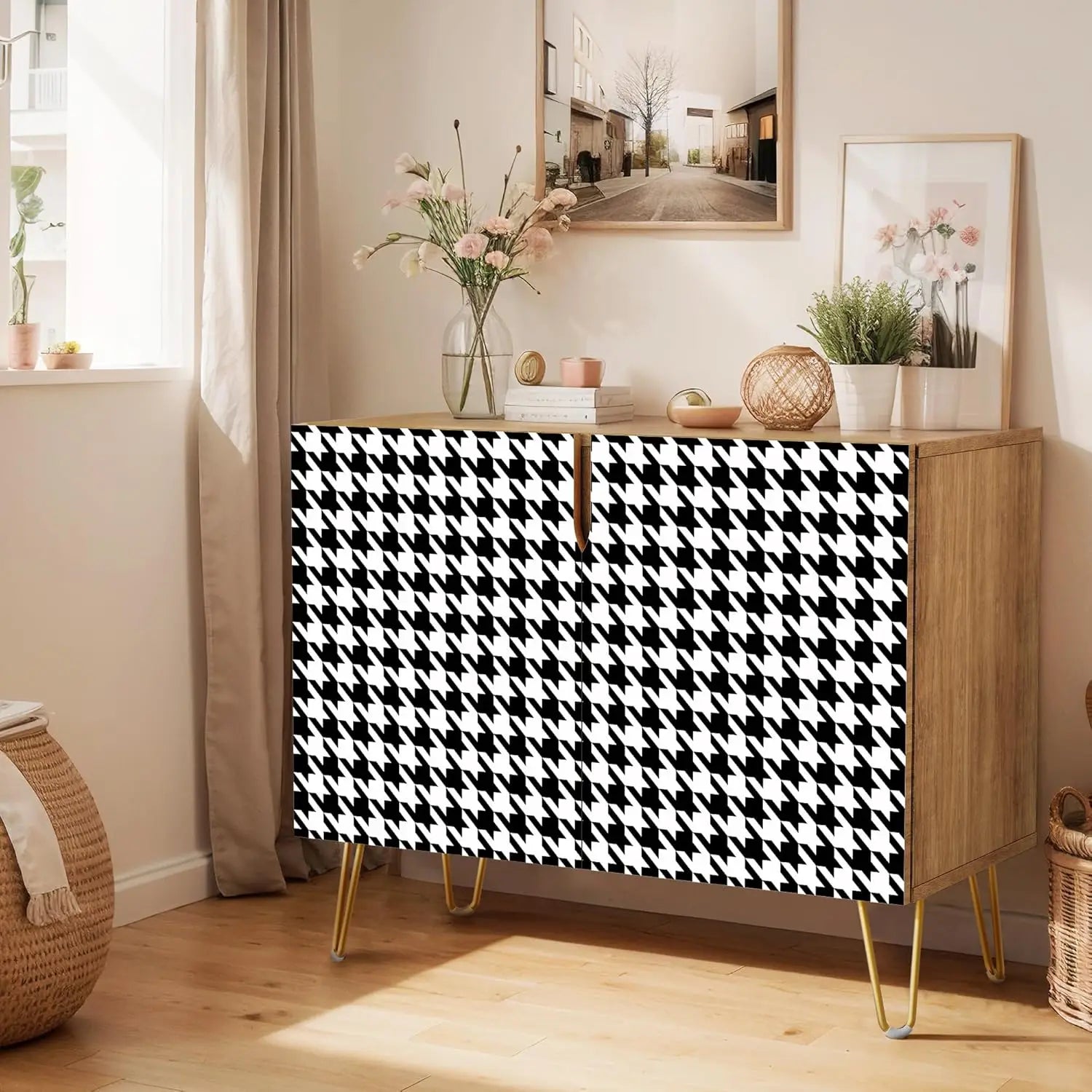 Sideboard Buffet Cabinet, Kitchen Storage Cabinet with 2 Doors, Black, Brown & Gold Geometric Polygons Abstract Shapes