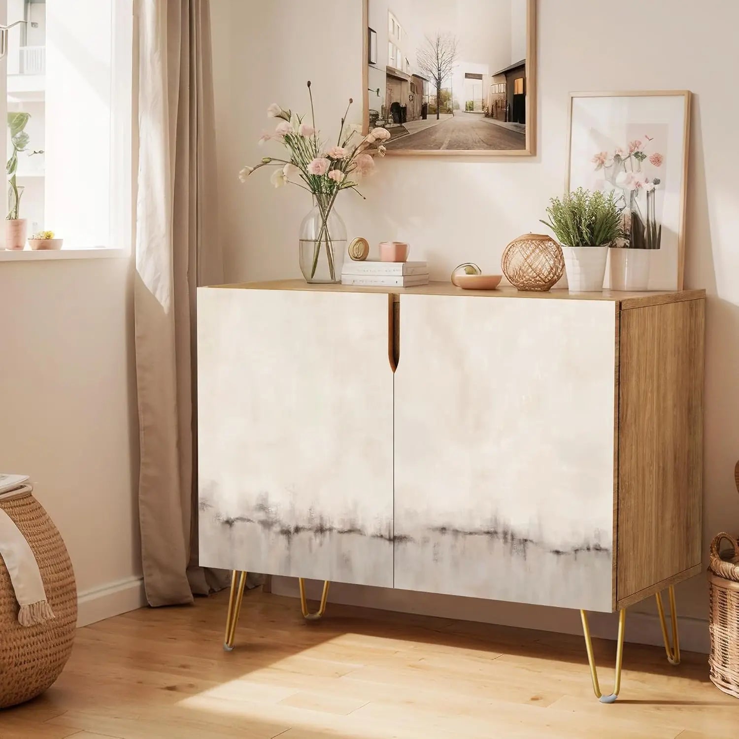 Sideboard Buffet Cabinet, Kitchen Storage Cabinet with 2 Doors, Black, Brown & Gold Geometric Polygons Abstract Shapes