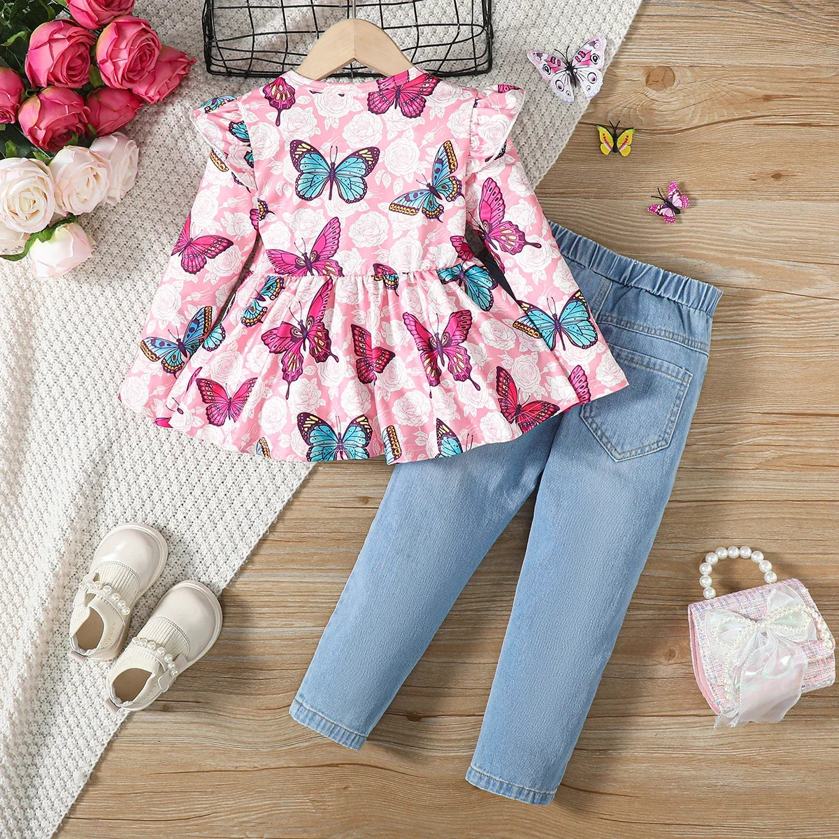 PatPat Toddler Girl Childlike Butterfly Animal Print Flutter Sleeve Top and Jeans Set Suitable for Summer Season Comfortable