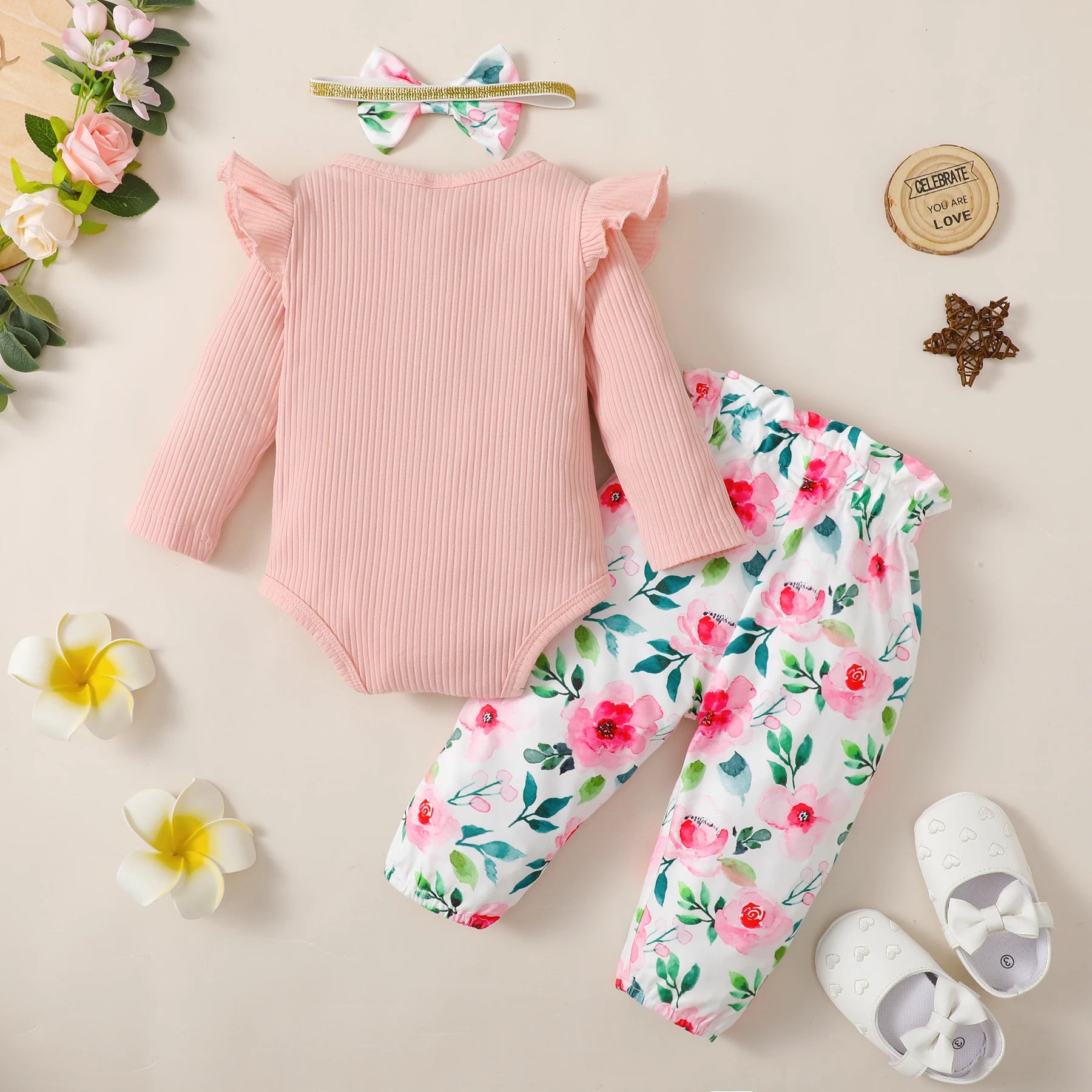 3PCS Baby Girl Clothes Set Long Sleeve Romper Top+Flowers Pant+Headband Spring&Autumn Lovely Outfit for Toddler Girl 0-18 Months