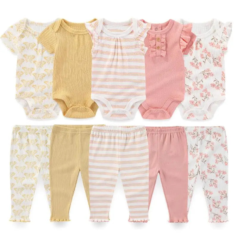 Kiddiezoom 10 Pcs/Lot Four Seasons Fashion Unisex Baby Boy Girl Clothing Set Soft Newborn Bodysuits+Pants Infant Outfit Gift