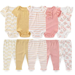 Kiddiezoom 10 Pcs/Lot Four Seasons Fashion Unisex Baby Boy Girl Clothing Set Soft Newborn Bodysuits+Pants Infant Outfit Gift