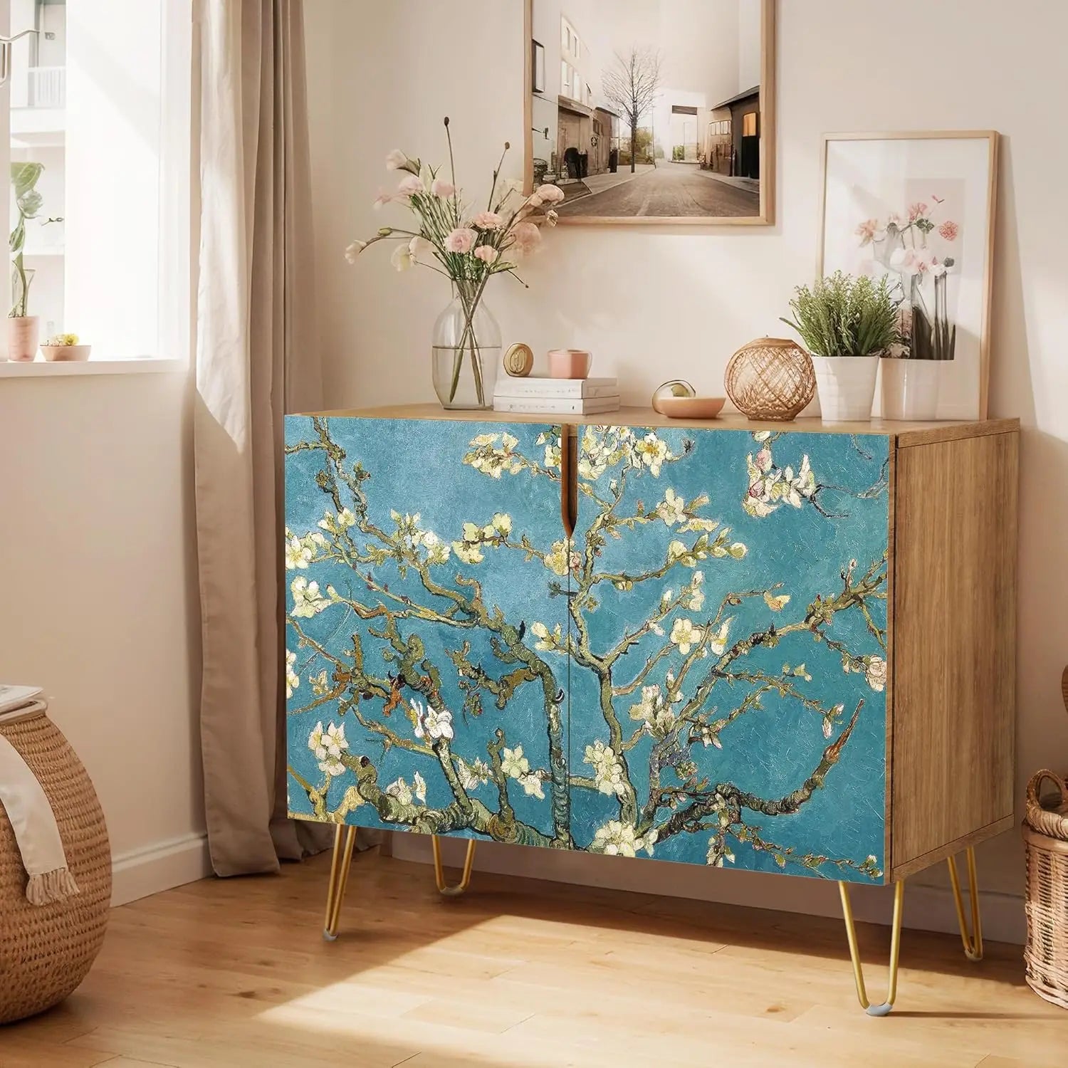 Sideboard Buffet Cabinet, Kitchen Storage Cabinet with 2 Doors, Black, Brown & Gold Geometric Polygons Abstract Shapes