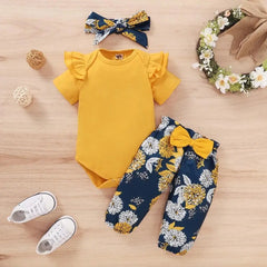 Newborn Baby Girls Clothing Set Short Sleeve Bodysuit +Floral Pants with Bow + Headband 3PCS Outfits Toddler Baby Girl Clothing