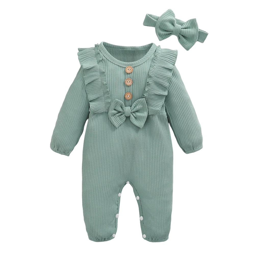 Newborn Baby Girl Romper Long Sleeved Ruffle Bodysuit with Headband Autumn & Winter Onesie Outfit Clothing for Baby 0-18 Months