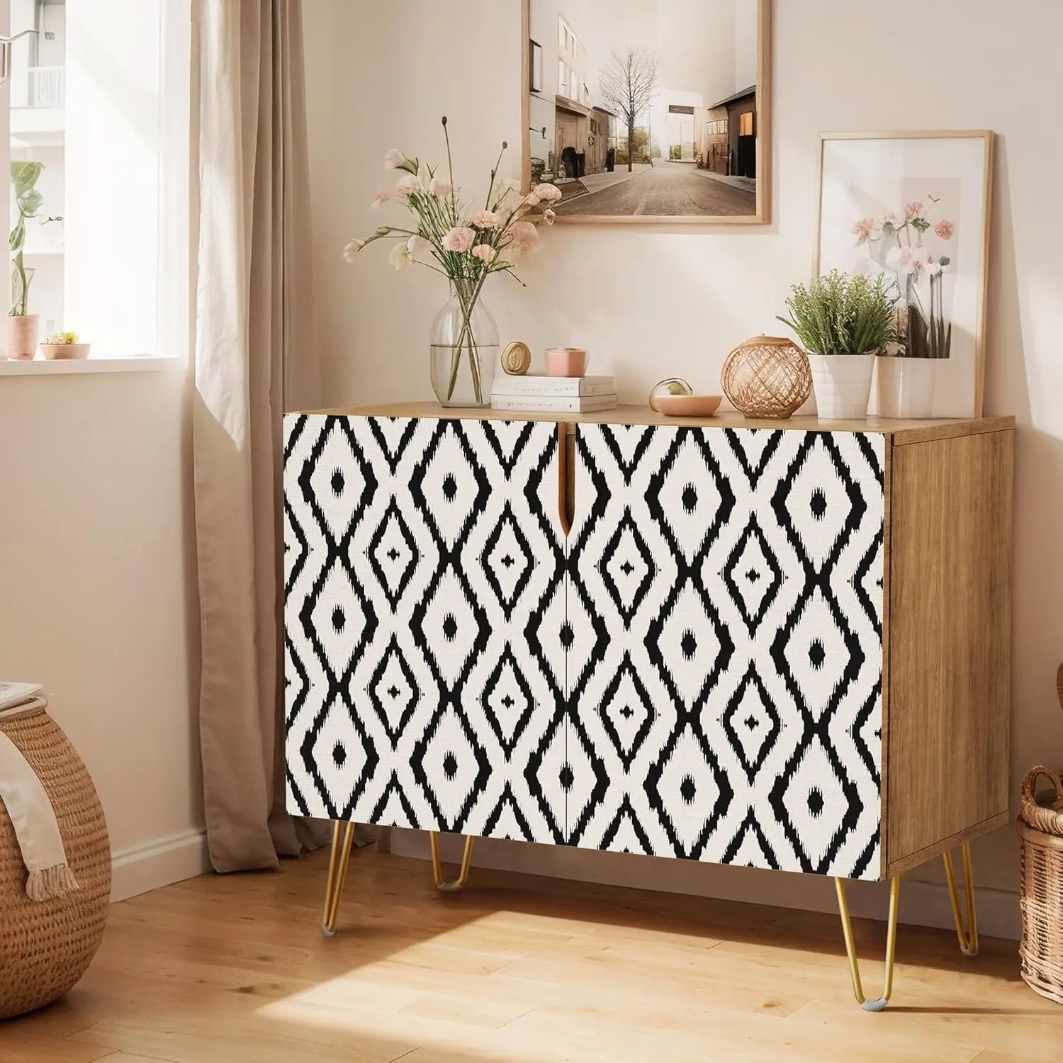 Sideboard Buffet Cabinet, Kitchen Storage Cabinet with 2 Doors, Black, Brown & Gold Geometric Polygons Abstract Shapes