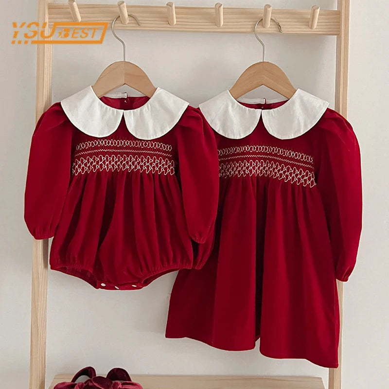 Infant Kids Baby Girls Long Sleeve Sweet Solid Color Sisters Dress Newborn Baby Girls Doll Collar Princess Clothes Rompers