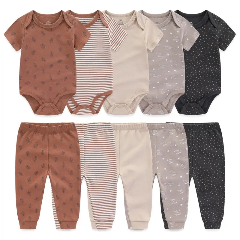 Kiddiezoom 10 Pcs/Lot Four Seasons Fashion Unisex Baby Boy Girl Clothing Set Soft Newborn Bodysuits+Pants Infant Outfit Gift