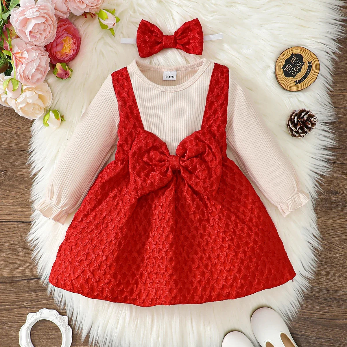 Newborn Baby Girl Dress Long Sleeves Patchwork with Bow One Year Old Dress New Year&Christmas Dress Up Wear for Toddler 0-3Years