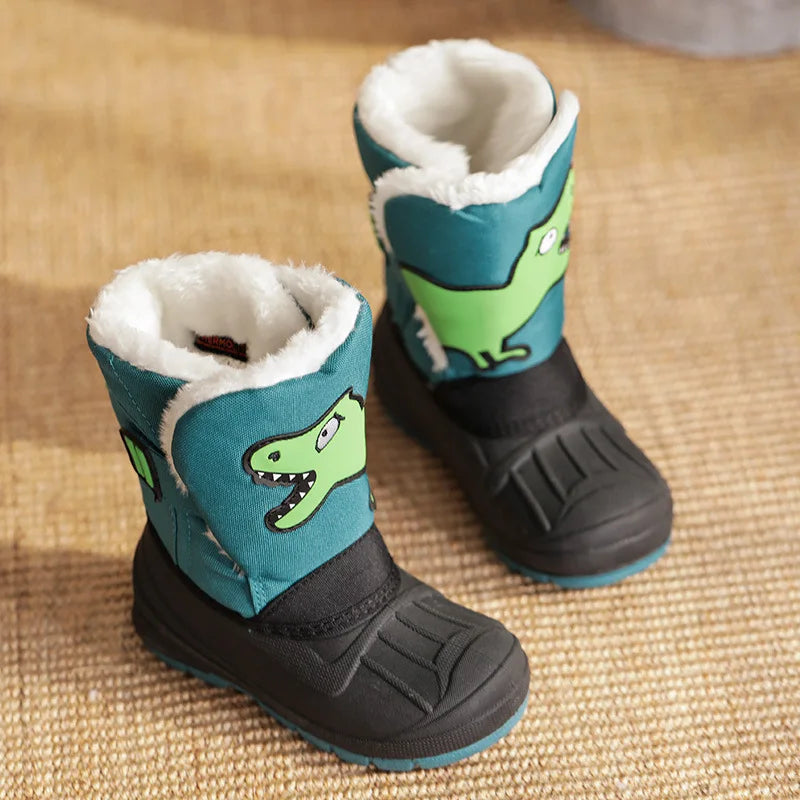 Winter Children Snow Boots Boys Girls Warm Waterproof Ski Boots Baby Cute Cartoon Dinosaur Print High Boots