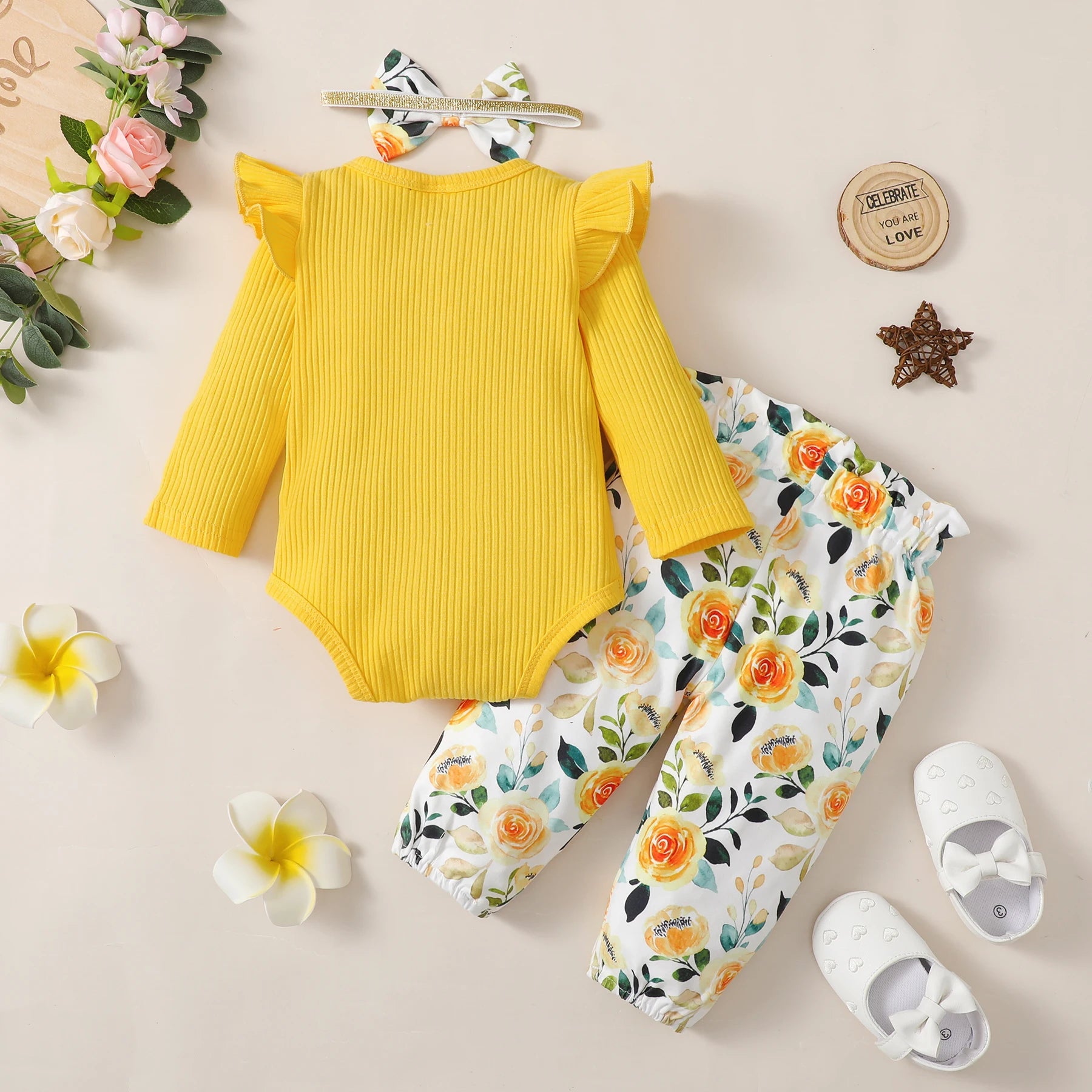 3PCS Baby Girl Clothes Set Long Sleeve Romper Top+Flowers Pant+Headband Spring&Autumn Lovely Outfit for Toddler Girl 0-18 Months