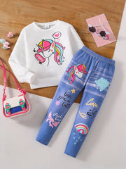 Children's clothing girls' fashion set autumn cartoon print white round neck long sleeved+slim fit pants 2-piece set