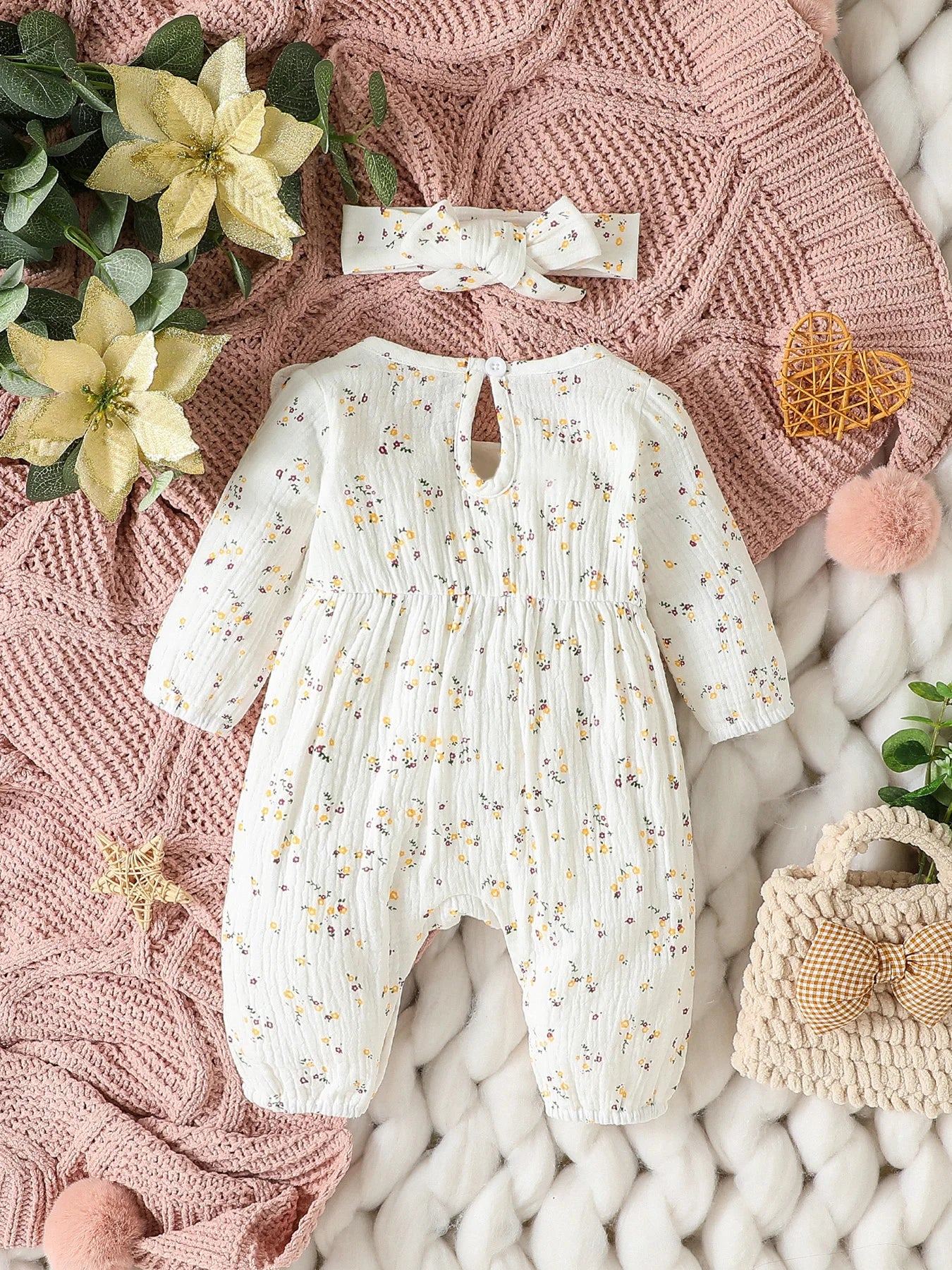 Baby Girls Summer Long Sleeve Printing Love With Bowknot  For Casual Daily Cotton Jumpsuit