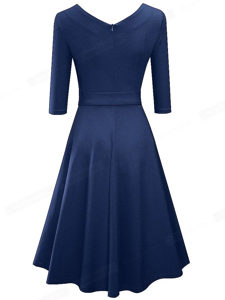 Nice-forever New Spring Pure Color with Sash Retro Dresses Cocktail Party Flare Swing Women Dress A240