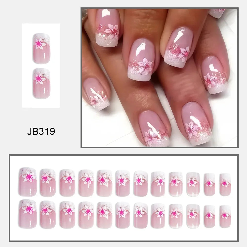 24Pcs Square Press-on Nails Set with Pink Flower Patterns Full Cover Acrylic French Nail Tips Adhesive For Stylish Women/Girls