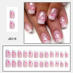 24Pcs Square Press-on Nails Set with Pink Flower Patterns Full Cover Acrylic French Nail Tips Adhesive For Stylish Women/Girls