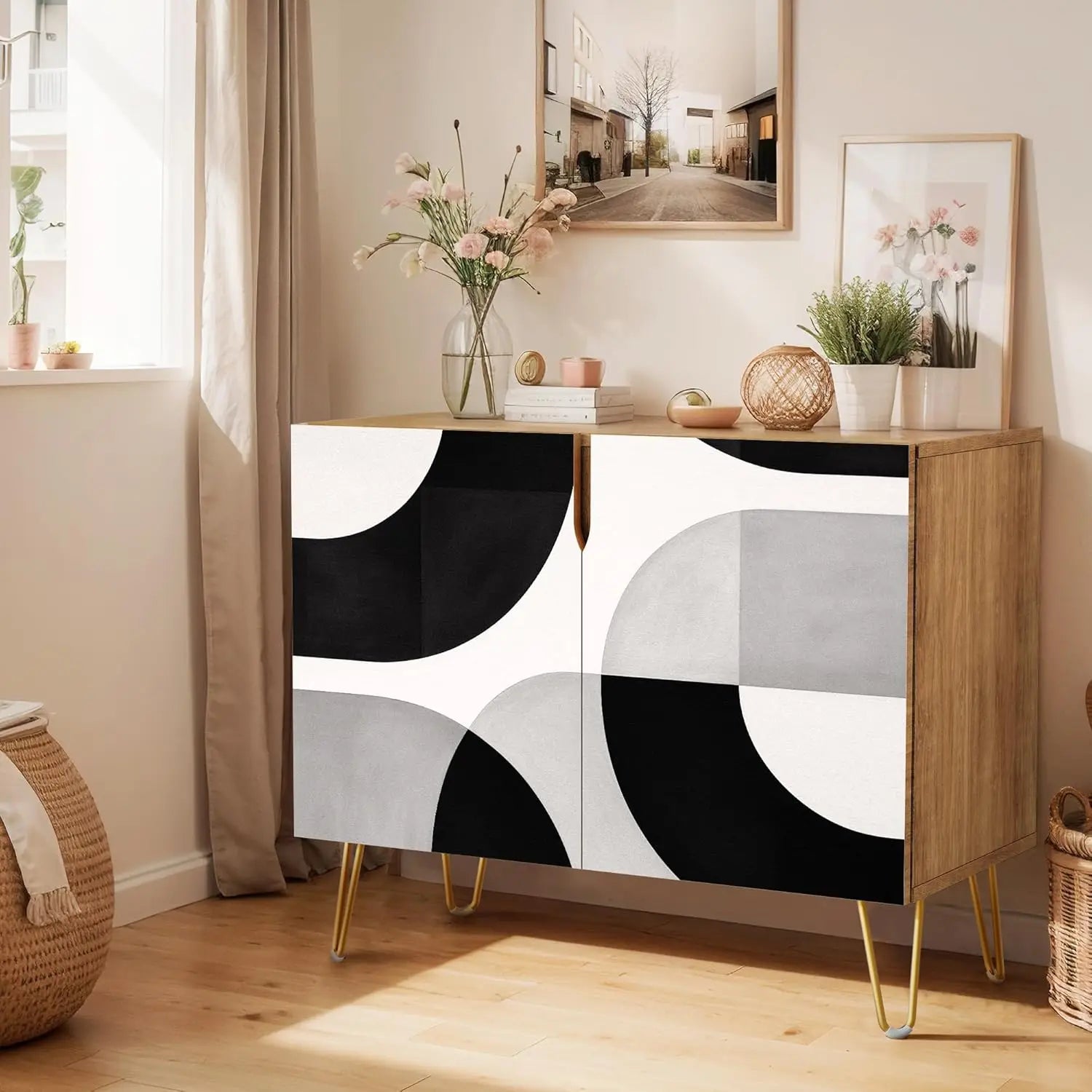 Sideboard Buffet Cabinet, Kitchen Storage Cabinet with 2 Doors, Black, Brown & Gold Geometric Polygons Abstract Shapes