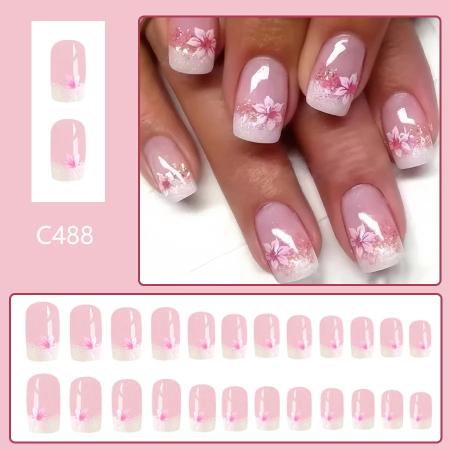 24Pcs Square Press-on Nails Set with Pink Flower Patterns Full Cover Acrylic French Nail Tips Adhesive For Stylish Women/Girls