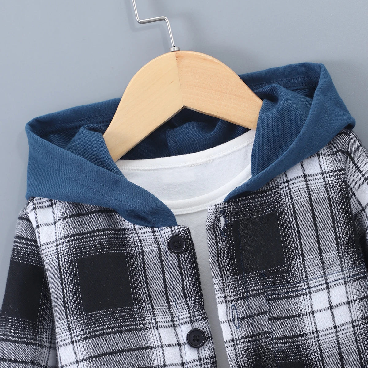 2024 Spring Winter Kids Boy 2-Piece Cotton Casual Simple Long Sleeve Checkered  Hooded Sweatshirt