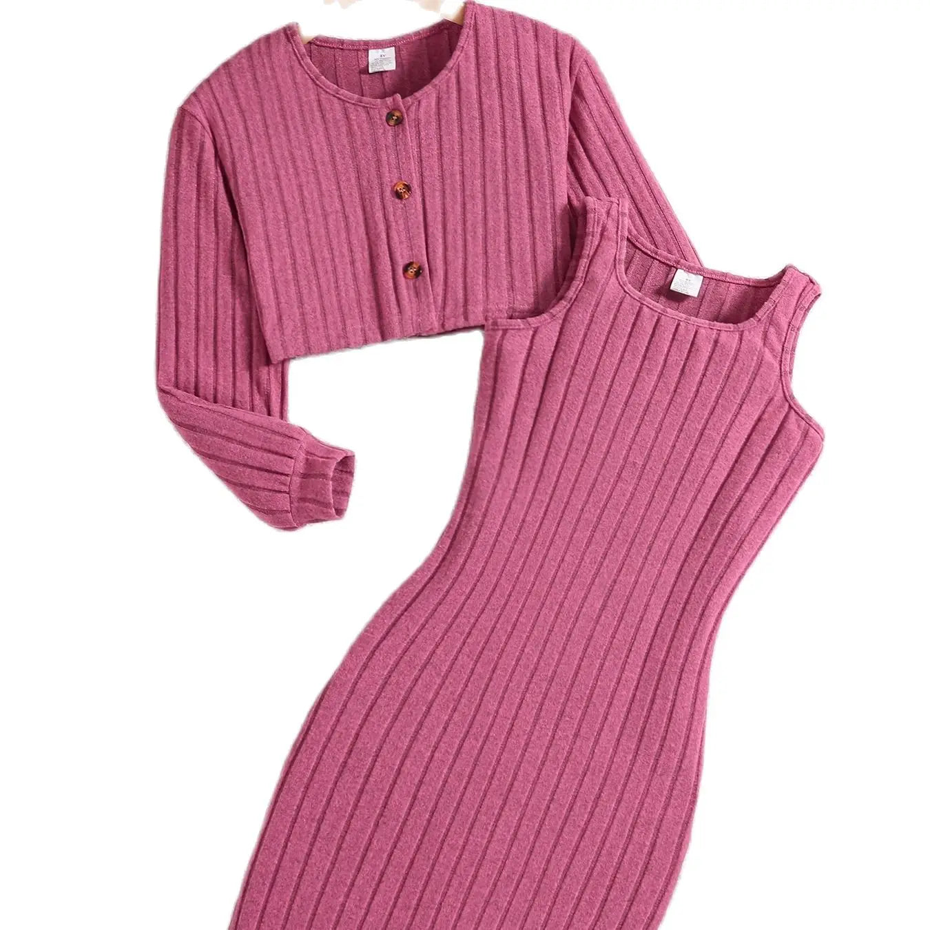 Spring and autumn new fashion knitted solid color pit strip round neck long sleeve shirt sleeveless casual dress 2-piece set