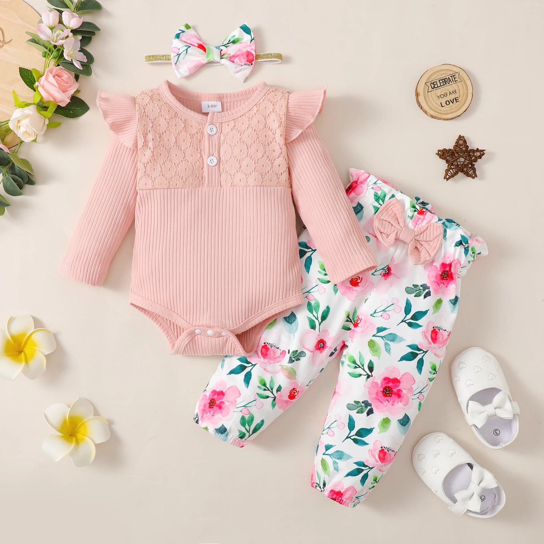 3PCS Baby Girl Clothes Set Long Sleeve Romper Top+Flowers Pant+Headband Spring&Autumn Lovely Outfit for Toddler Girl 0-18 Months