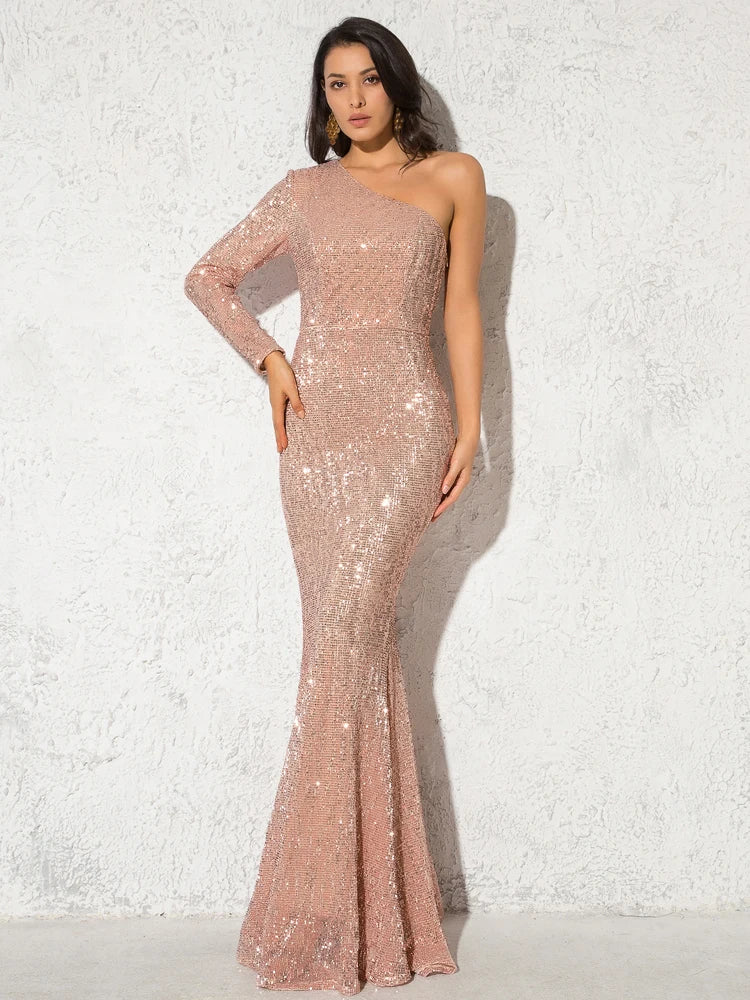 One Shoulder Long Sleeve Stretchy Sequined Mermaid Dress Floor Length Long Evening Gown Prom Party